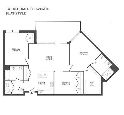 A floor plan for a flat style apartment at 141 Bloomfield Avenue.